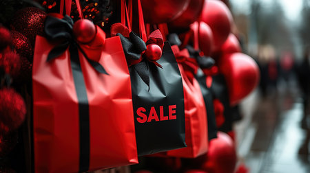 Black Friday, red kraft shopping bag with inscription Sale on red background. Black friday sale, discount, recycling, shopping and ecology concept. With copy space.の素材