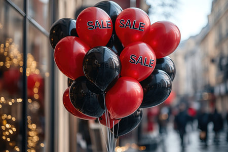 Black Friday, red kraft shopping bag with inscription Sale on red background. Black friday sale, discount, recycling, shopping and ecology concept. With copy space.の素材