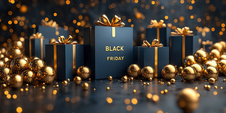 Black Friday, black and gold kraft shopping bag with inscription Black Friday on dark background. Black friday sale, discount, recycling, shopping and ecology concept. With copy space.の素材