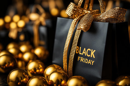 Black Friday, black and gold kraft shopping bag with inscription Black Friday on dark background. Black friday sale, discount, recycling, shopping and ecology concept. With copy space.の素材