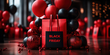 Black Friday, red kraft shopping bag with inscription Black Friday on red background. Black friday sale, discount, recycling, shopping and ecology concept. With copy space.の素材