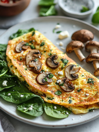 Fresh homemade omelette with mushrooms, feta cheese and herbs. A healthy protein breakfast with mushrooms and spinach.の素材