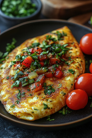 Fresh homemade omelette with mushrooms, feta cheese and herbs. A healthy protein breakfast with mushrooms and spinach.の素材