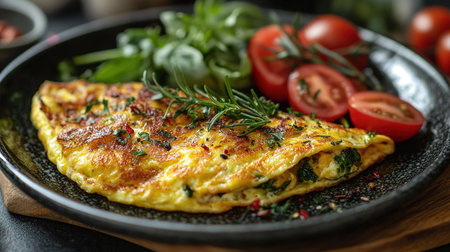 Fresh homemade omelette with mushrooms, feta cheese and herbs. A healthy protein breakfast with mushrooms and spinach.の素材