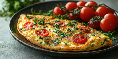 Fresh homemade omelette with mushrooms, feta cheese and herbs. A healthy protein breakfast with mushrooms and spinach.の素材