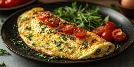 Fresh homemade omelette with mushrooms, feta cheese and herbs. A healthy protein breakfast with mushrooms and spinach.の素材