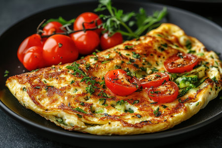 Fresh homemade omelette with mushrooms, feta cheese and herbs. A healthy protein breakfast with mushrooms and spinach.の素材
