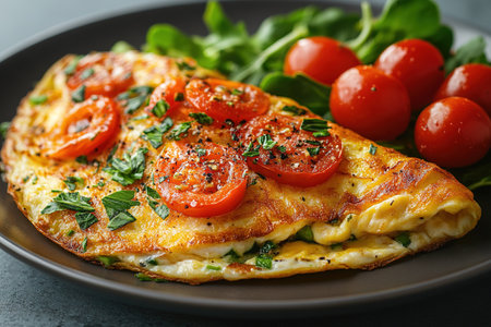 Fresh homemade omelette with mushrooms, feta cheese and herbs. A healthy protein breakfast with mushrooms and spinach.の素材