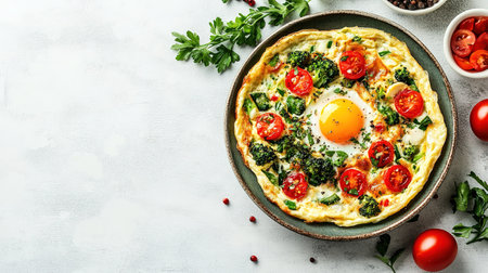 Fresh homemade omelette with mushrooms, feta cheese and herbs. A healthy protein breakfast with mushrooms and spinach.の素材
