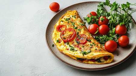 Fresh homemade omelette with mushrooms, feta cheese and herbs. A healthy protein breakfast with mushrooms and spinach.の素材