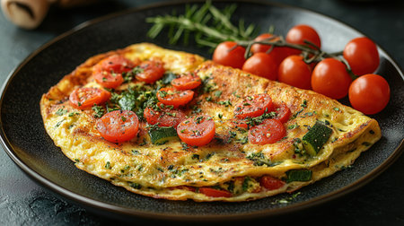 Fresh homemade omelette with mushrooms, feta cheese and herbs. A healthy protein breakfast with mushrooms and spinach.の素材
