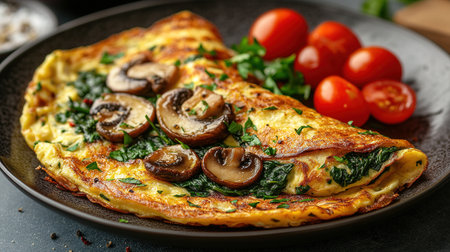 Fresh homemade omelette with mushrooms, feta cheese and herbs. A healthy protein breakfast with mushrooms and spinach.の素材