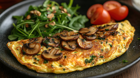 Fresh homemade omelette with mushrooms, feta cheese and herbs. A healthy protein breakfast with mushrooms and spinach.の素材