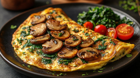 Fresh homemade omelette with mushrooms, feta cheese and herbs. A healthy protein breakfast with mushrooms and spinach.の素材