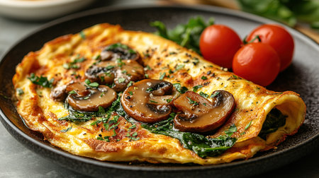 Fresh homemade omelette with mushrooms, feta cheese and herbs. A healthy protein breakfast with mushrooms and spinach.の素材