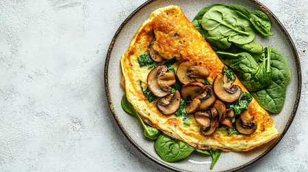Fresh homemade omelette with mushrooms, feta cheese and herbs. A healthy protein breakfast with mushrooms and spinach.の素材