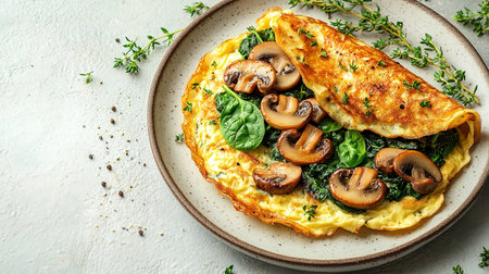 Fresh homemade omelette with mushrooms, feta cheese and herbs. A healthy protein breakfast with mushrooms and spinach.の素材