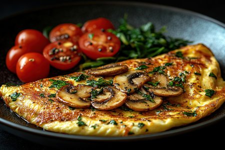 Fresh homemade omelette with mushrooms, feta cheese and herbs. A healthy protein breakfast with mushrooms and spinach.の素材