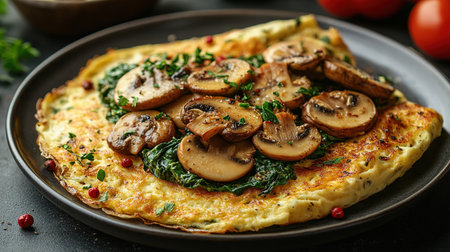 Fresh homemade omelette with mushrooms, feta cheese and herbs. A healthy protein breakfast with mushrooms and spinach.の素材