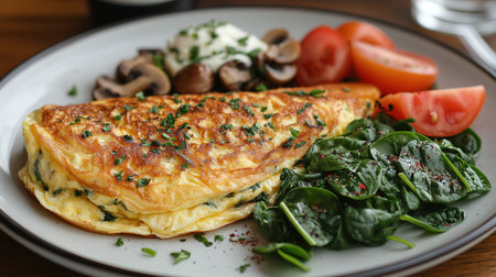 Fresh homemade omelette with mushrooms, feta cheese and herbs. A healthy protein breakfast with mushrooms and spinach.の素材