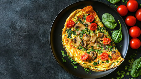 Fresh homemade omelette with mushrooms, feta cheese and herbs. A healthy protein breakfast with mushrooms and spinach.の素材