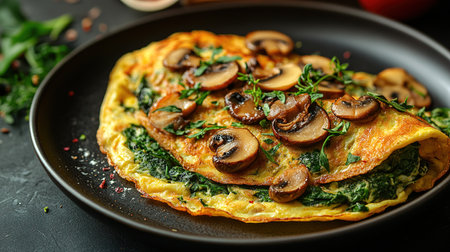 Fresh homemade omelette with mushrooms, feta cheese and herbs. A healthy protein breakfast with mushrooms and spinach.の素材