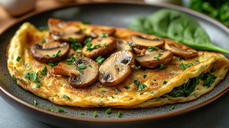 Fresh homemade omelette with mushrooms, feta cheese and herbs. A healthy protein breakfast with mushrooms and spinach.の素材