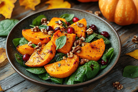 Roasted pumpkin salad with spinach and walnut on a black plate on a old wooden background. Top view.の素材