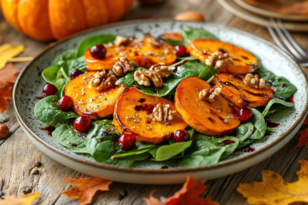 Roasted pumpkin salad with spinach and walnut on a black plate on a old wooden background. Top view.の素材