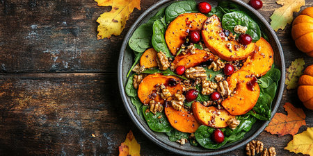 Roasted pumpkin salad with spinach and walnut on a black plate on a old wooden background. Top view.の素材