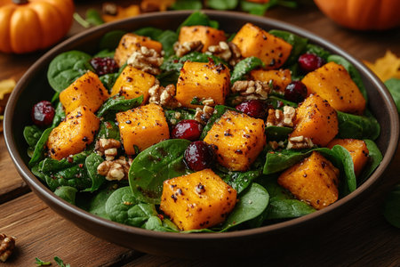Roasted pumpkin salad with spinach and walnut on a black plate on a old wooden background. Top view.の素材