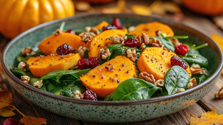 Roasted pumpkin salad with spinach and walnut on a black plate on a old wooden background. Top view.の素材