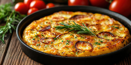 An overhead photo of a Spanish tortilla in a traditional tortilla, with parsley, on dark rustic textures with ingredients.の素材