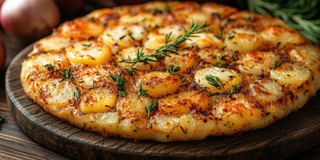 An overhead photo of a Spanish tortilla in a traditional tortilla, with parsley, on dark rustic textures with ingredients.の素材