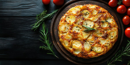 An overhead photo of a Spanish tortilla in a traditional tortilla, with parsley, on dark rustic textures with ingredients.の素材