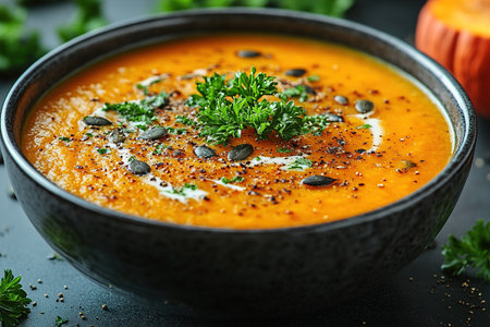 Pumpkin soup with cream, seeds, crackers and cinnamon. Autumn decor on table, orange squash in background. Healthy Halloween food.の素材