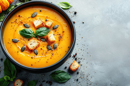 Pumpkin soup with cream, seeds, crackers and cinnamon. Autumn decor on table, orange squash in background. Healthy Halloween food. Top view with copy space.の素材