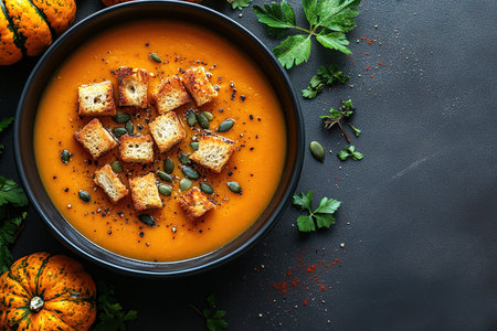 Pumpkin soup with cream, seeds, crackers and cinnamon. Autumn decor on table, orange squash in background. Healthy Halloween food. Top view with copy space.の素材