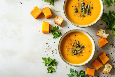 Pumpkin soup with cream, seeds, crackers and cinnamon. Autumn decor on table, orange squash in background. Healthy Halloween food. Top view with copy space.の素材