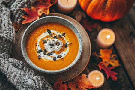 Pumpkin soup with cream, seeds, crackers and cinnamon. Autumn decor on table, orange squash in background. Healthy Halloween food.の素材