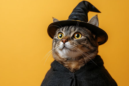 A cute cat in a Halloween costume in the studio on a bright orange background. The cat depicts a witch with pumpkins on Halloween.の素材