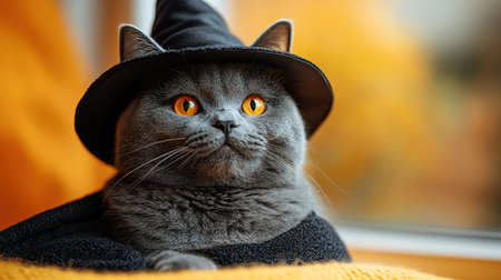 A cute cat in a Halloween costume in the studio on a bright orange background. The cat depicts a witch with pumpkins on Halloween.の素材