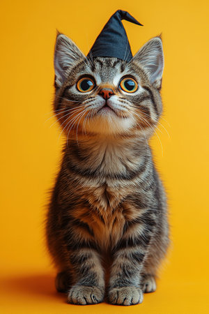 A cute cat in a Halloween costume in the studio on a bright orange background. The cat depicts a witch with pumpkins on Halloween.の素材