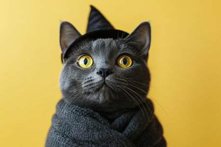 A cute cat in a Halloween costume in the studio on a bright orange background. The cat depicts a witch with pumpkins on Halloween.の素材