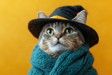 A cute cat in a Halloween costume in the studio on a bright orange background. The cat depicts a witch with pumpkins on Halloween.の素材