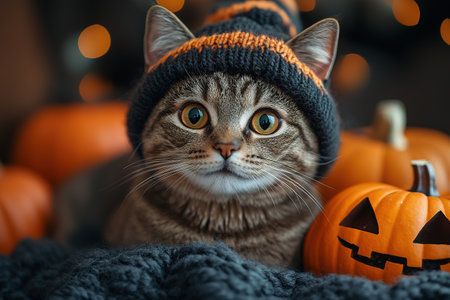 A cute cat in a Halloween costume in the studio on a dark background. The cat depicts a witch with pumpkins on Halloween.の素材