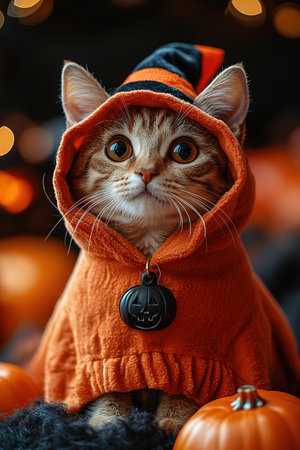 A cute cat in a Halloween costume in the studio on a dark background. The cat depicts a witch with pumpkins on Halloween.の素材