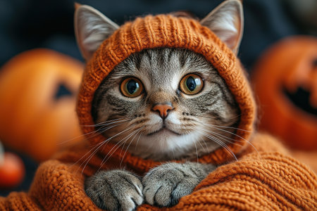 A cute cat in a Halloween costume in the studio on a dark background. The cat depicts a witch with pumpkins on Halloween.の素材