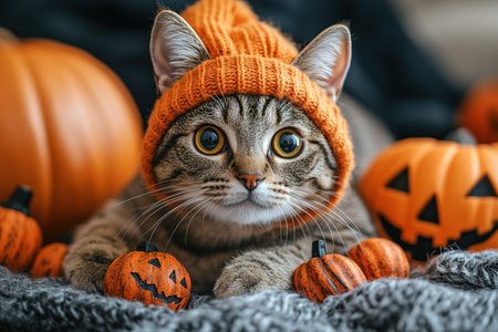 A cute cat in a Halloween costume in the studio on a dark background. The cat depicts a witch with pumpkins on Halloween.の素材