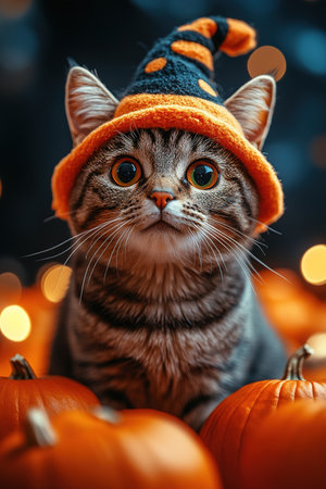 A cute cat in a Halloween costume in the studio on a dark background. The cat depicts a witch with pumpkins on Halloween.の素材